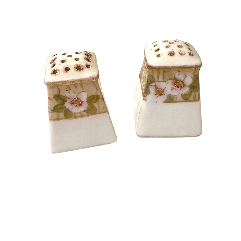 Vintage Nippon Hand Painted Floral Porcelain Salt and‎ Pepper Shakers Gold Trim